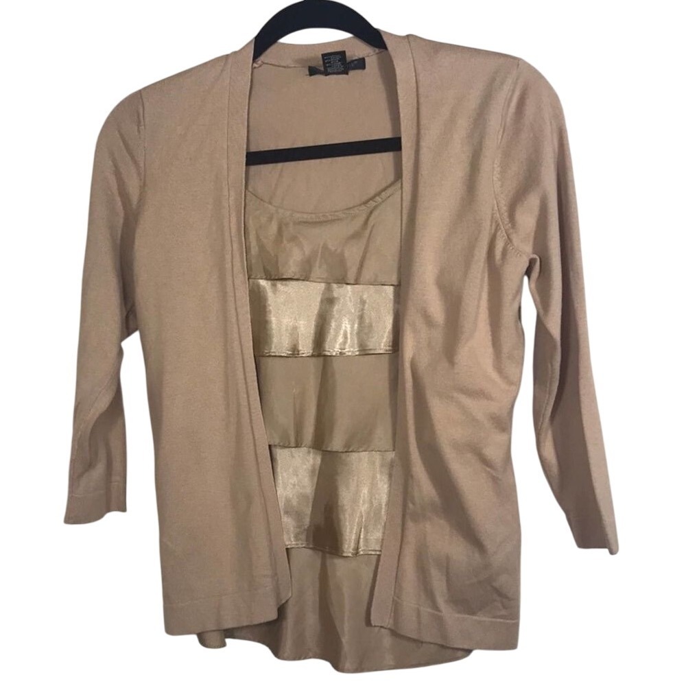 August Silk Shirt Womens Small Beige Pullover Tiered Ruffled 3/4 Sleeves